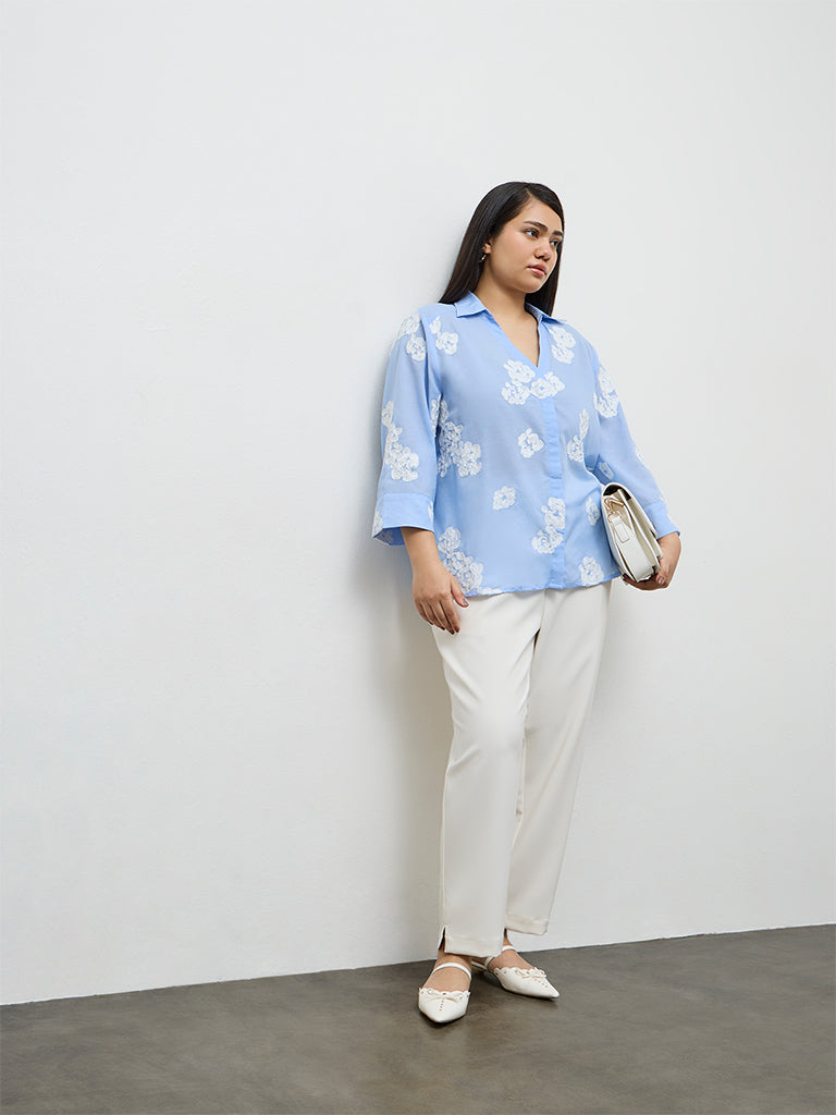 Gia Light Blue Floral Embroidered Shirt