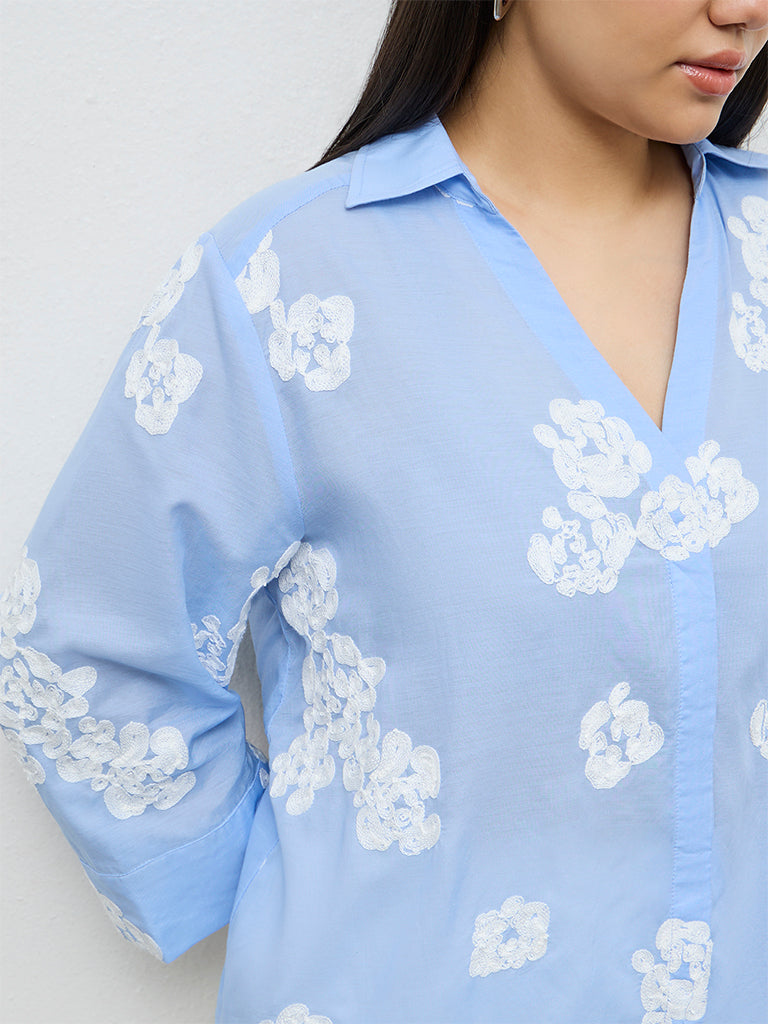 Gia Light Blue Floral Embroidered Shirt