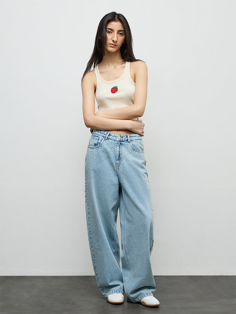 Nuon Light Blue Embellished High-Rise Jeans