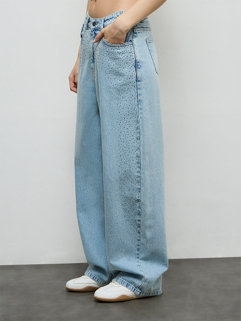 Nuon Light Blue Embellished High-Rise Jeans