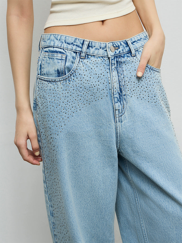 Nuon Light Blue Embellished High-Rise Jeans
