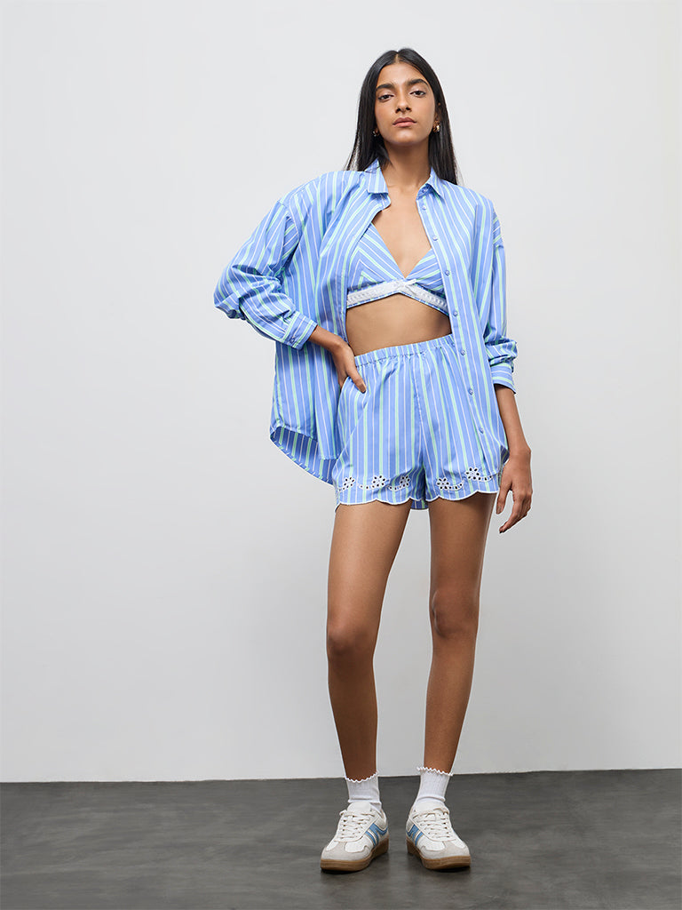 Nuon Blue Striped High-Rise Shorts