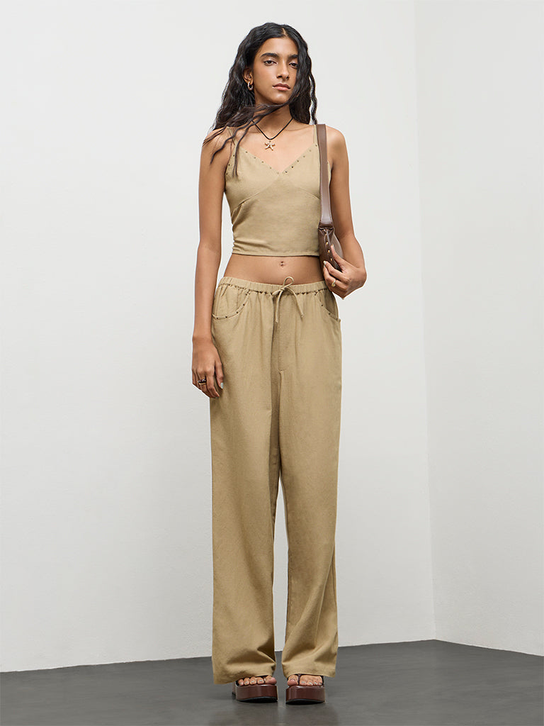 Nuon Khaki Solid High-Rise Linen Pants