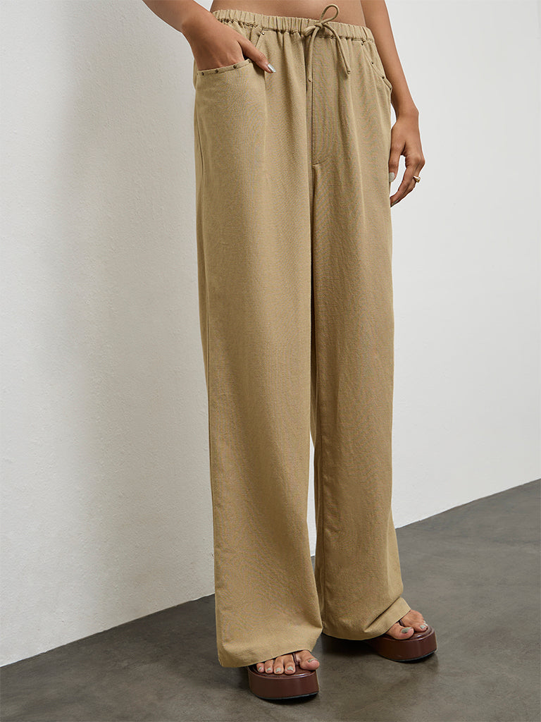 Nuon Khaki Solid High-Rise Linen Pants