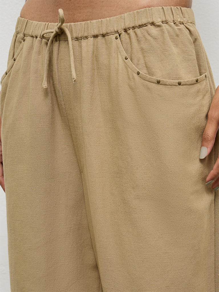 Nuon Khaki Solid High-Rise Linen Pants