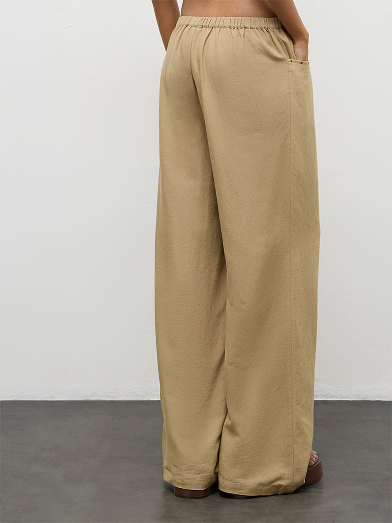 Nuon Khaki Solid High-Rise Linen Pants