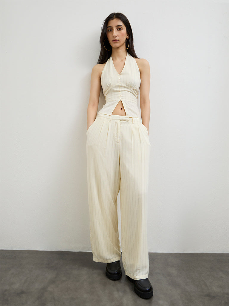 Nuon Light Yellow Striped High-Rise Trousers