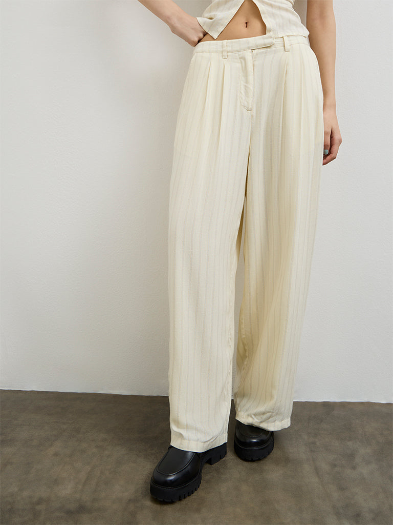 Nuon Light Yellow Striped High-Rise Trousers
