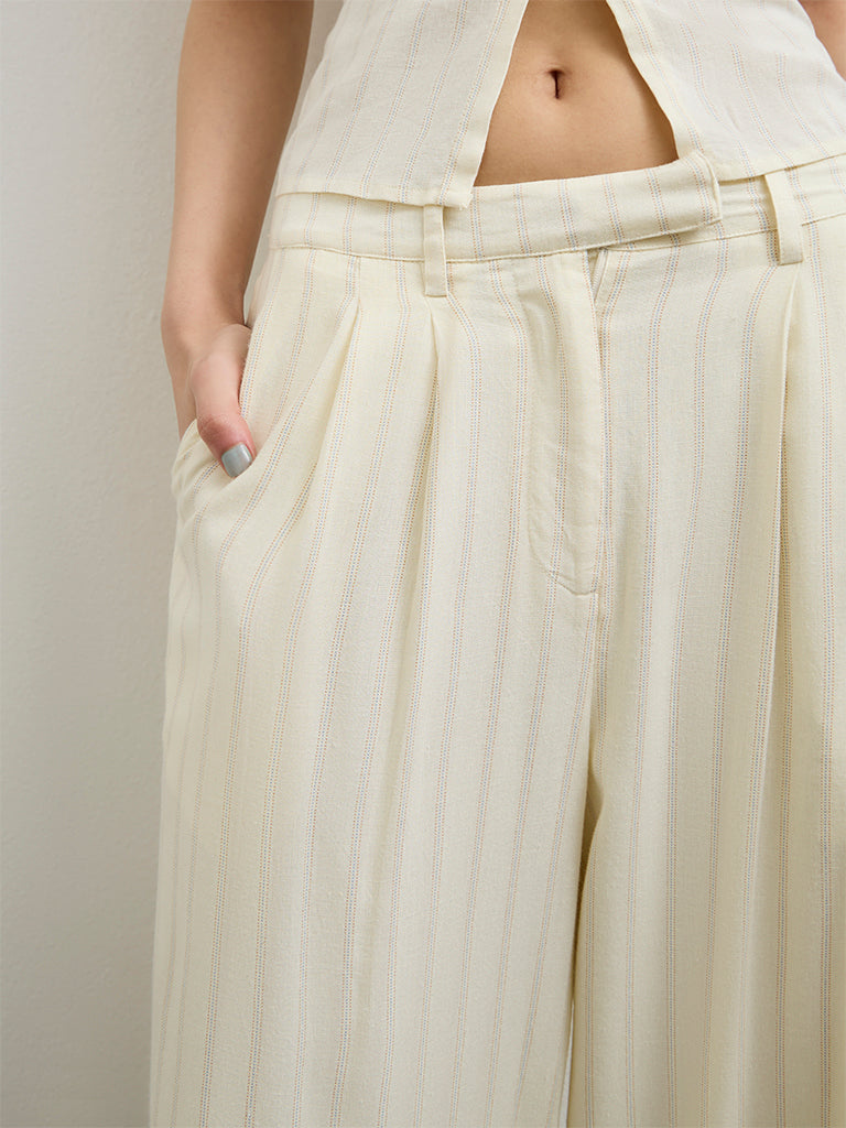 Nuon Light Yellow Striped High-Rise Trousers