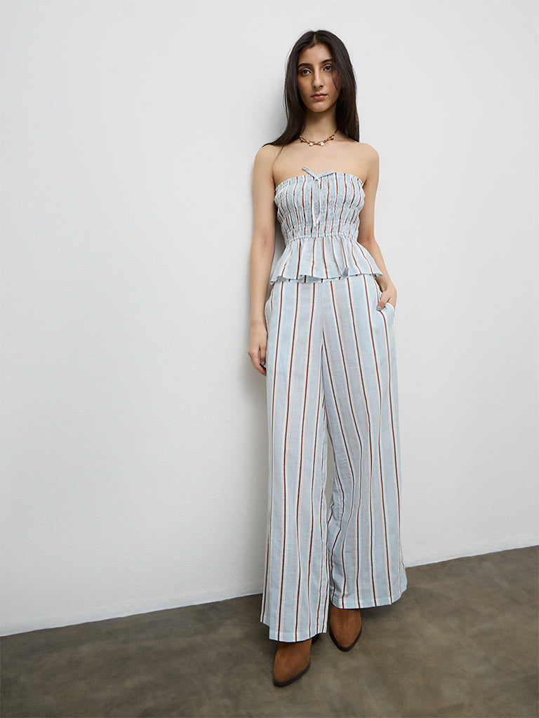 Nuon Light Blue Striped High-Rise Linen Trousers