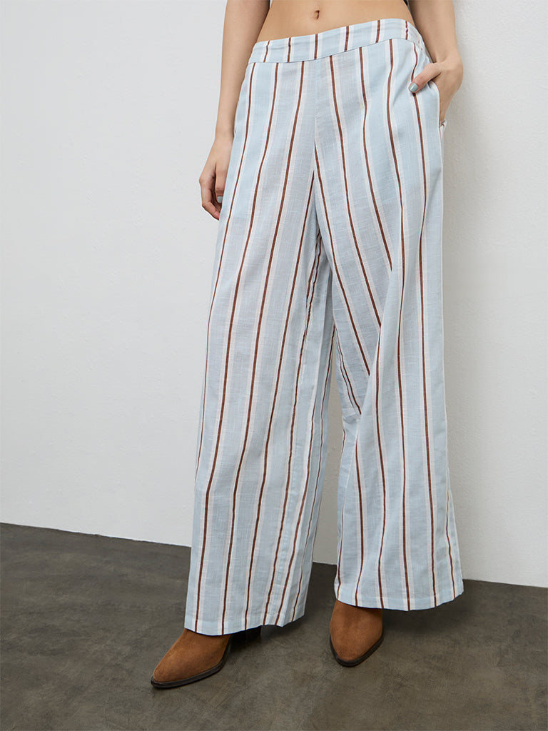 Nuon Light Blue Striped High-Rise Linen Trousers