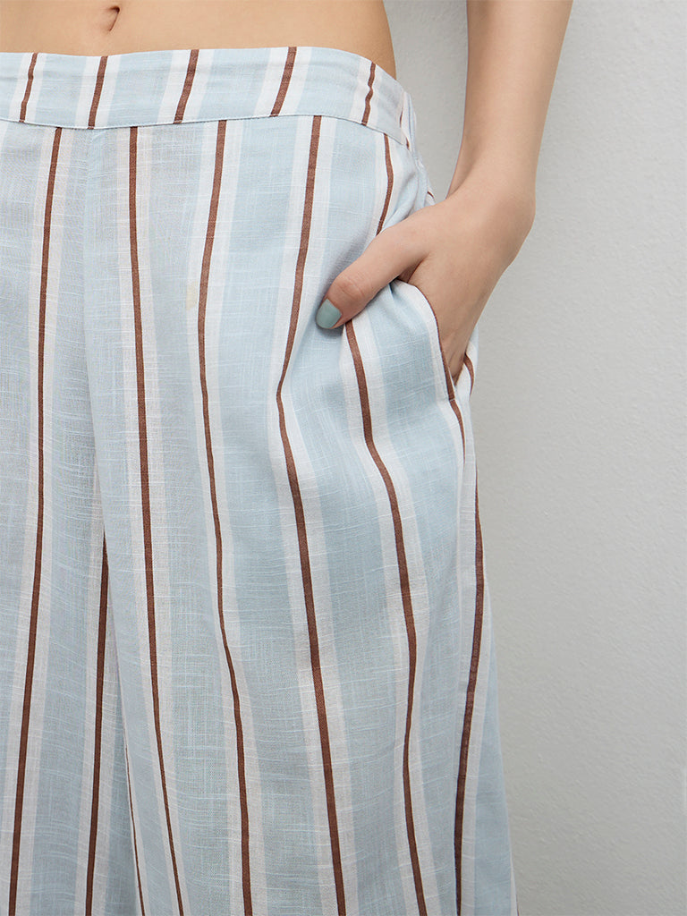 Nuon Light Blue Striped High-Rise Linen Trousers