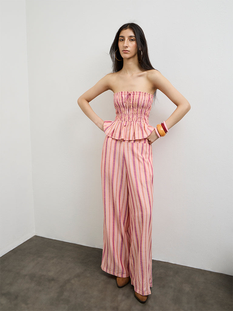Nuon Pink Striped High-Rise Trousers