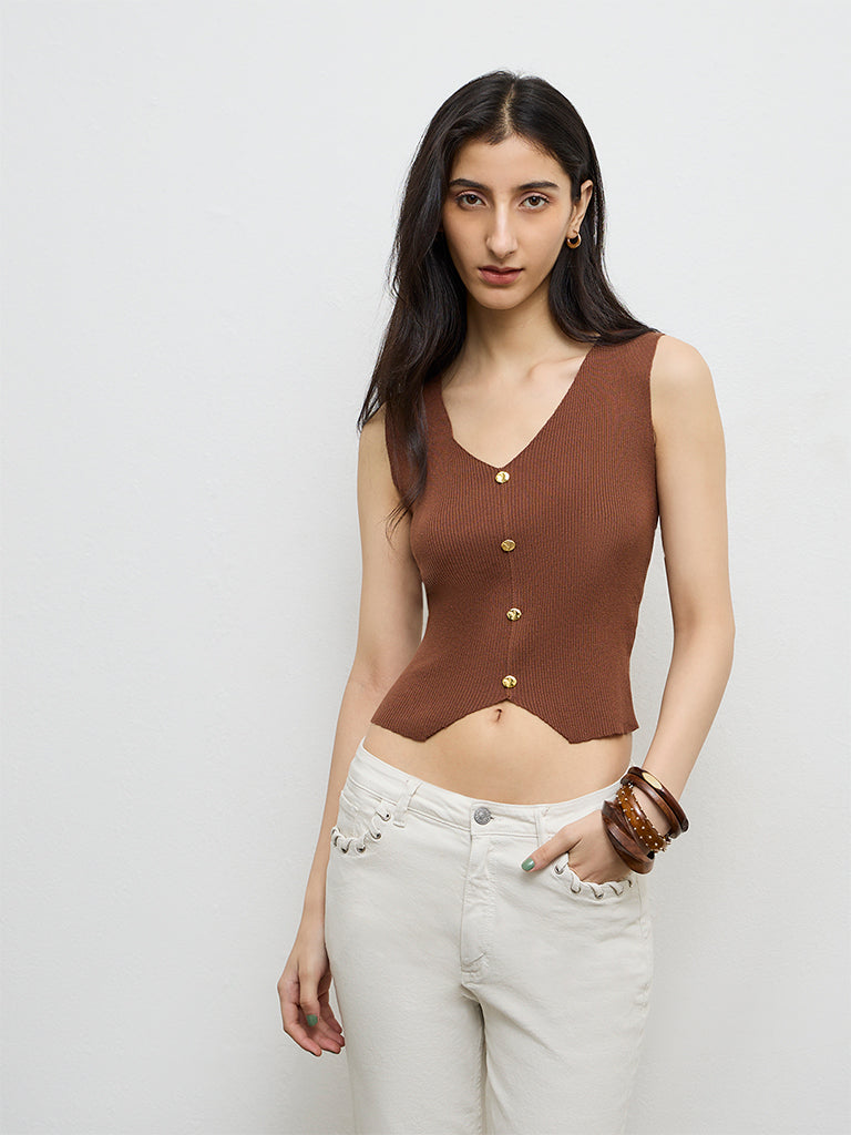 Nuon Brown Ribbed Top