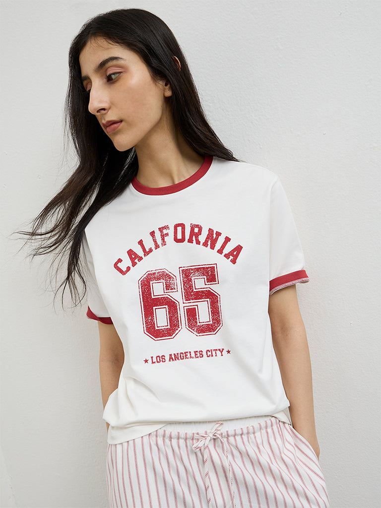 Nuon White Printed Cotton T-Shirt