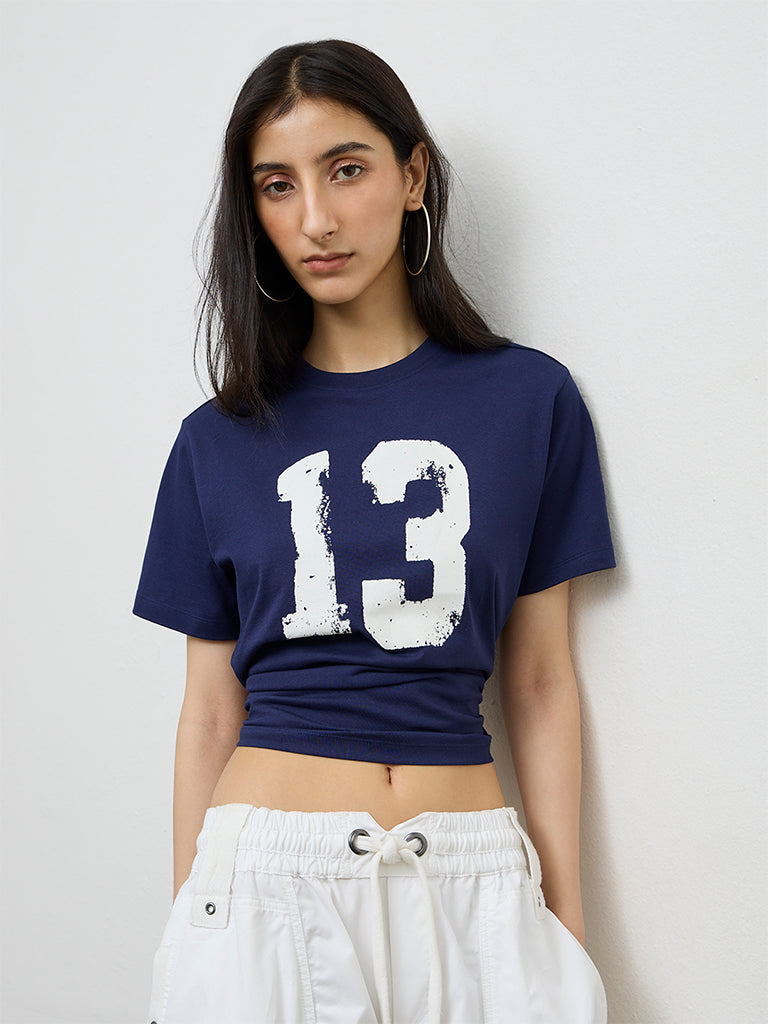 Nuon Navy Numerical Printed Cotton T-Shirt