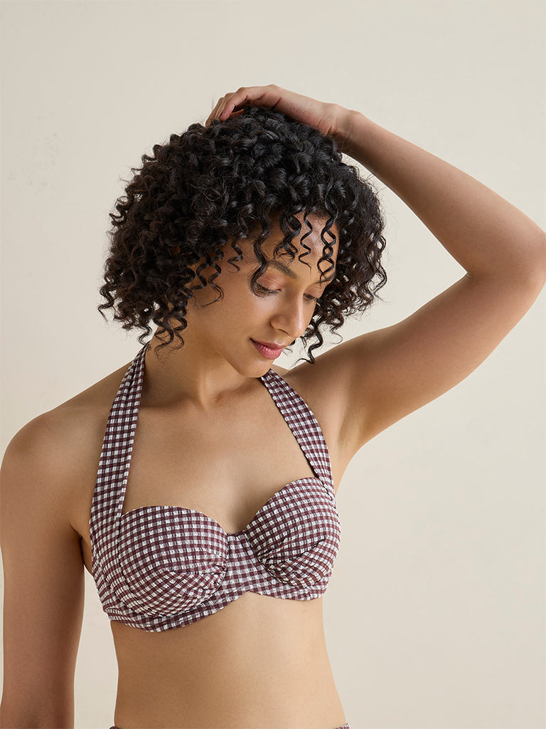 Wunderlove Swimwear Brown Gingham Checkered Balconette Bikini Bra