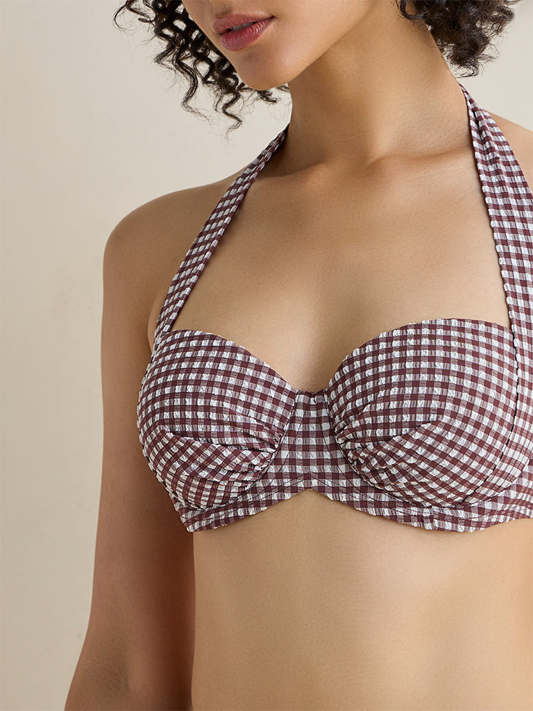 Wunderlove Swimwear Brown Gingham Checkered Balconette Bikini Bra