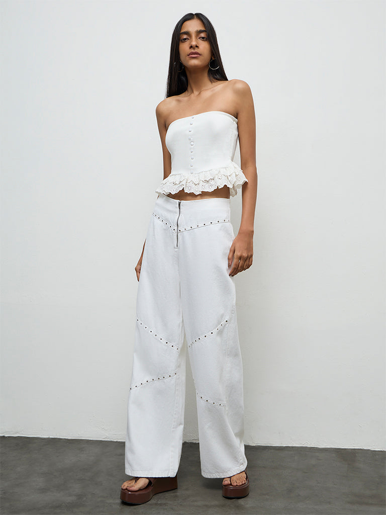 Nuon White Frill-Detailed Cotton-Blend Tube Top