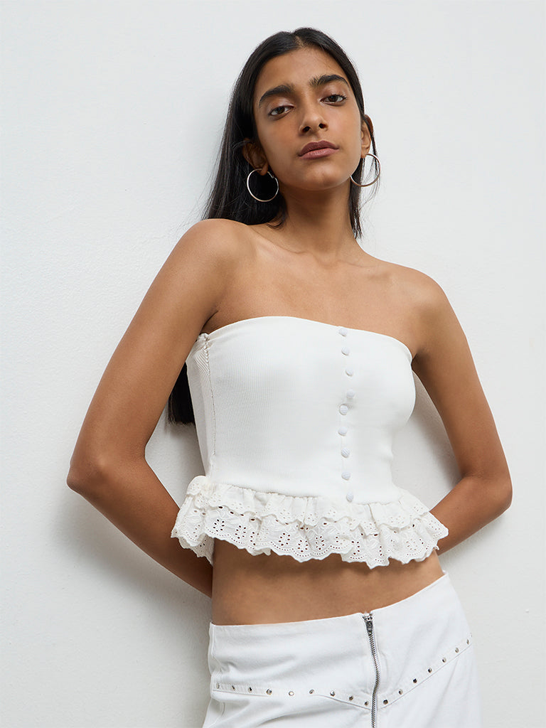 Nuon White Frill-Detailed Cotton-Blend Tube Top