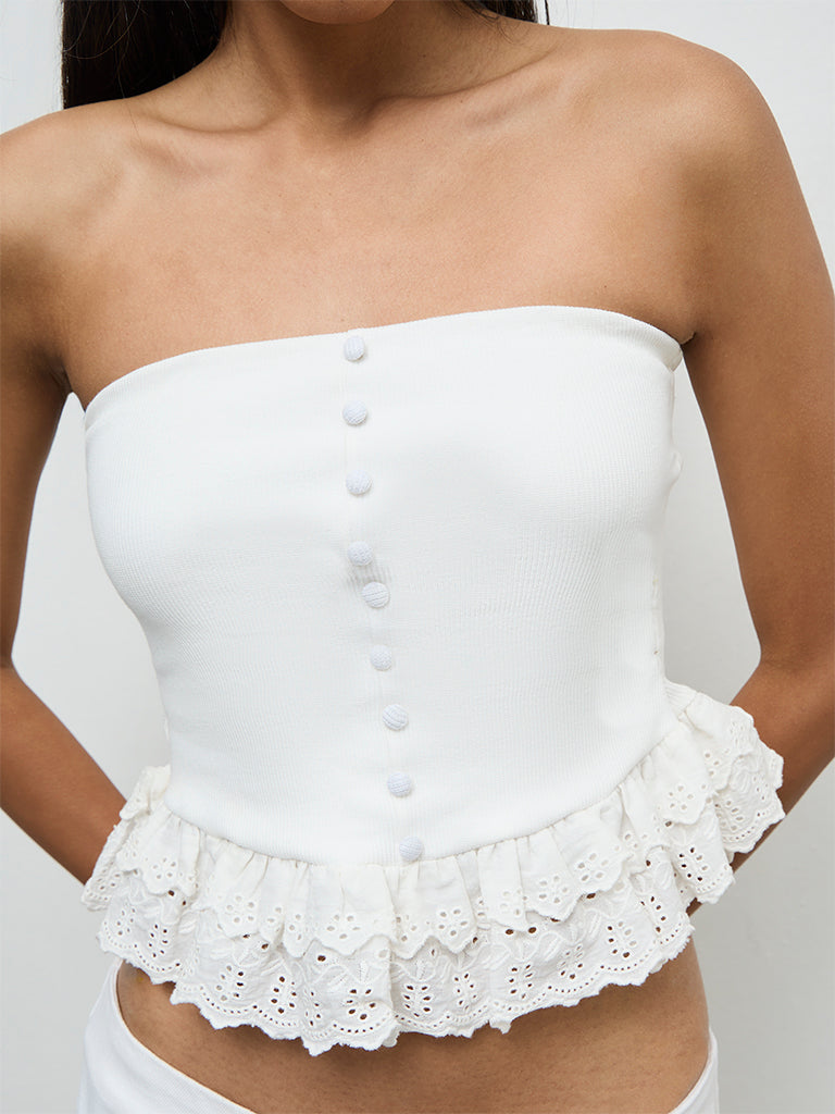 Nuon White Frill-Detailed Cotton-Blend Tube Top