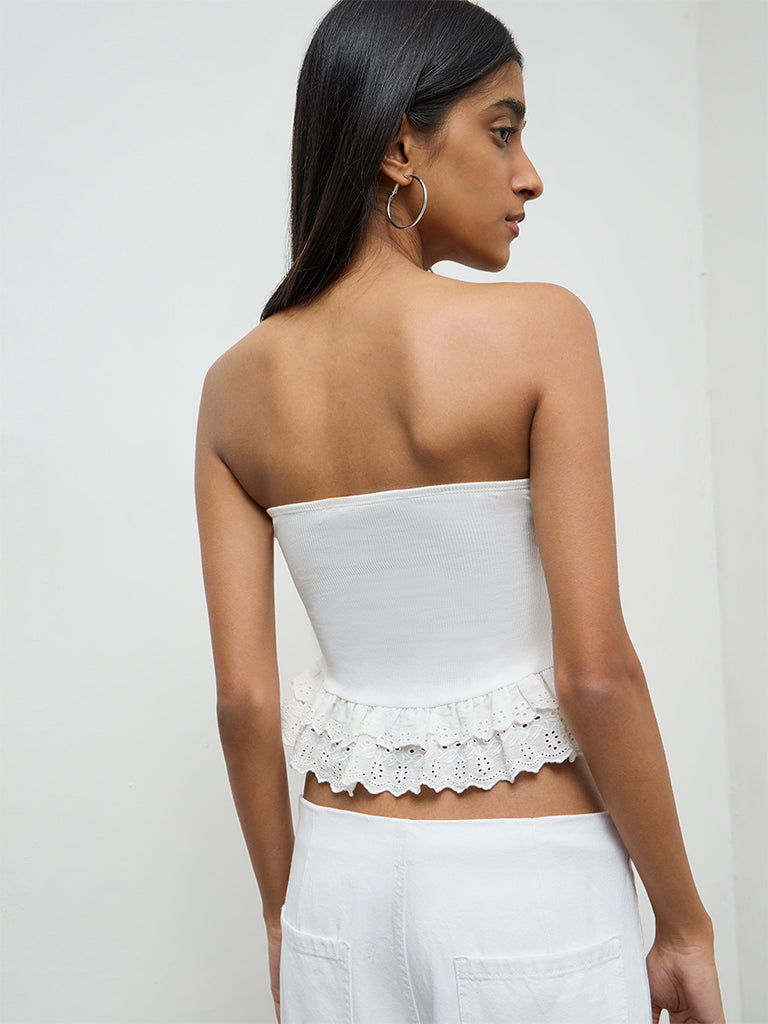 Nuon White Frill-Detailed Cotton-Blend Tube Top