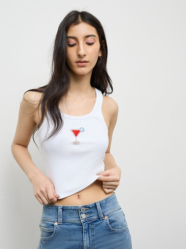 Nuon White Embellished Ribbed Cotton-Blend Top
