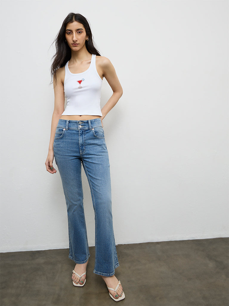 Nuon White Embellished Ribbed Cotton-Blend Top