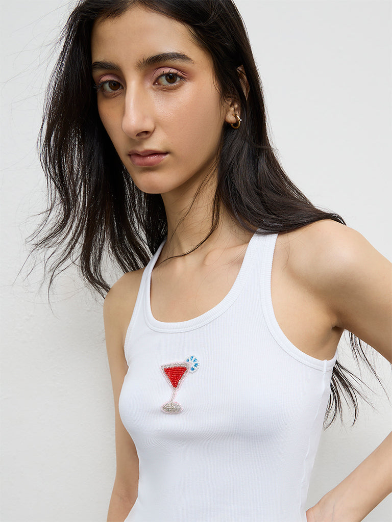 Nuon White Embellished Ribbed Cotton-Blend Top
