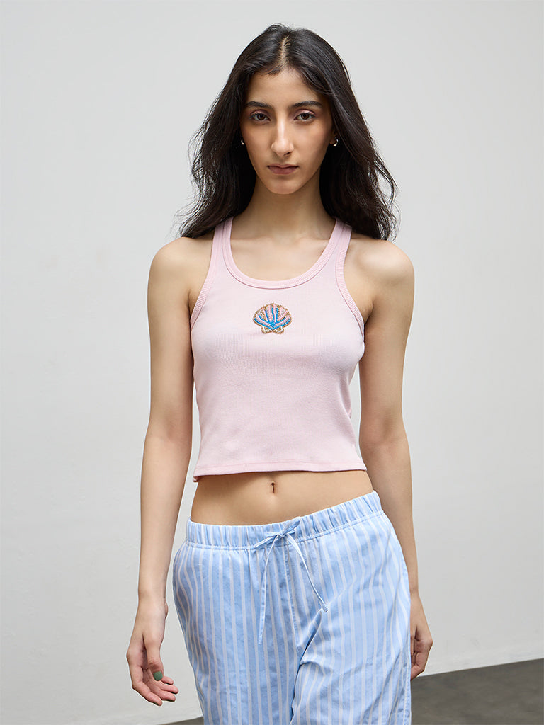 Nuon Pink Embellished Ribbed Cotton-Blend Top