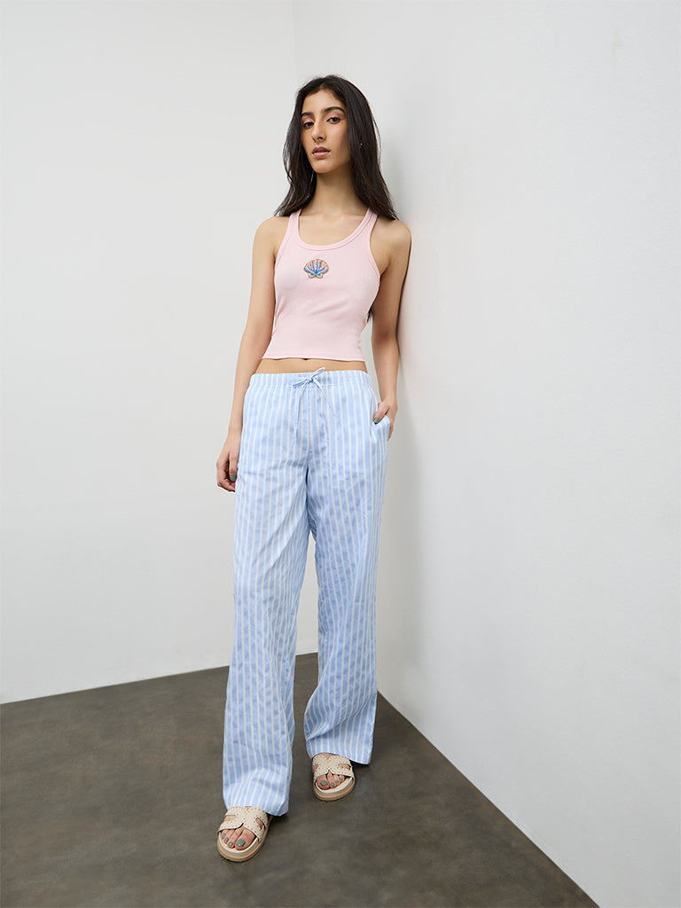 Nuon Pink Embellished Ribbed Cotton-Blend Top