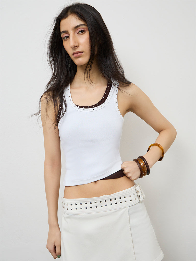 Nuon White Stud-Detailed Cotton-Blend Tank Top