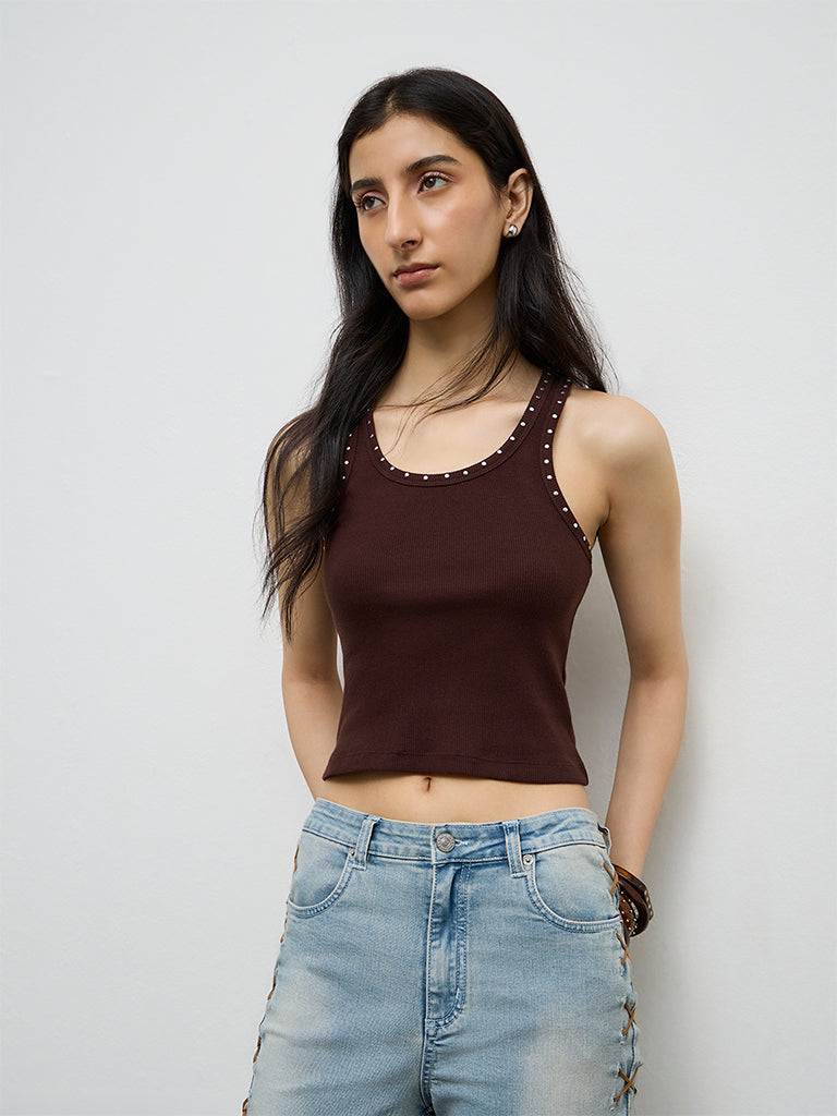 Nuon Dark Brown Stud-Detailed Cotton-Blend Tank Top
