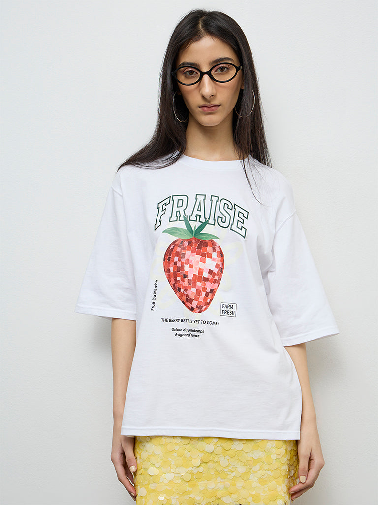 Nuon White Graphic Printed Cotton T-Shirt