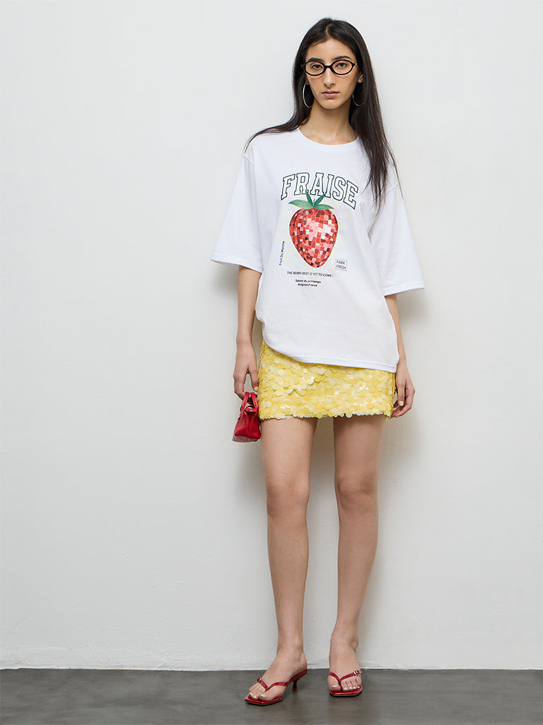 Nuon White Graphic Printed Cotton T-Shirt