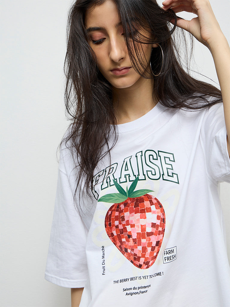 Nuon White Graphic Printed Cotton T-Shirt
