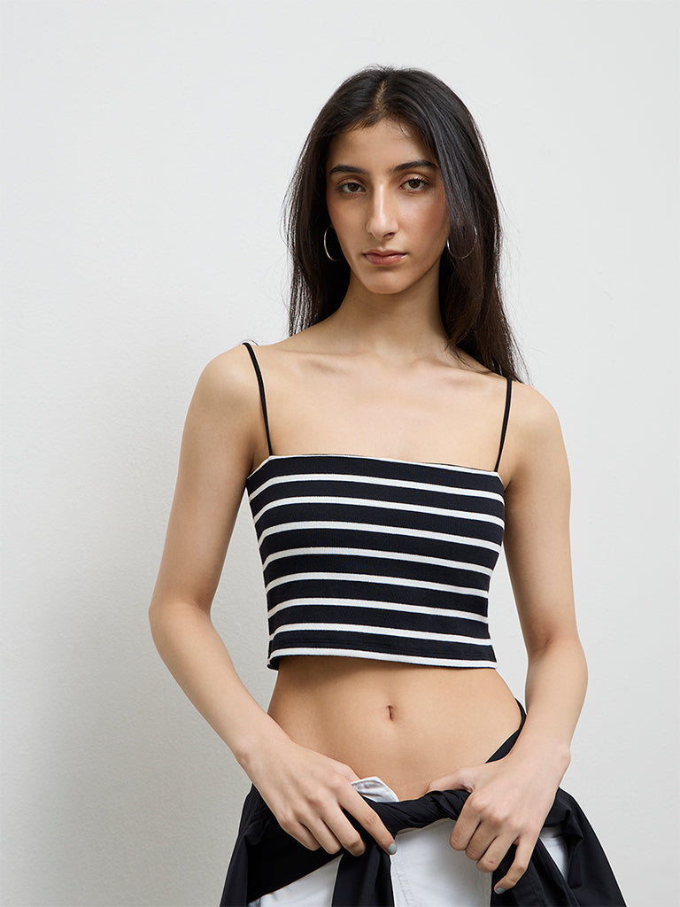 Nuon Black Striped Cotton-Blend Top