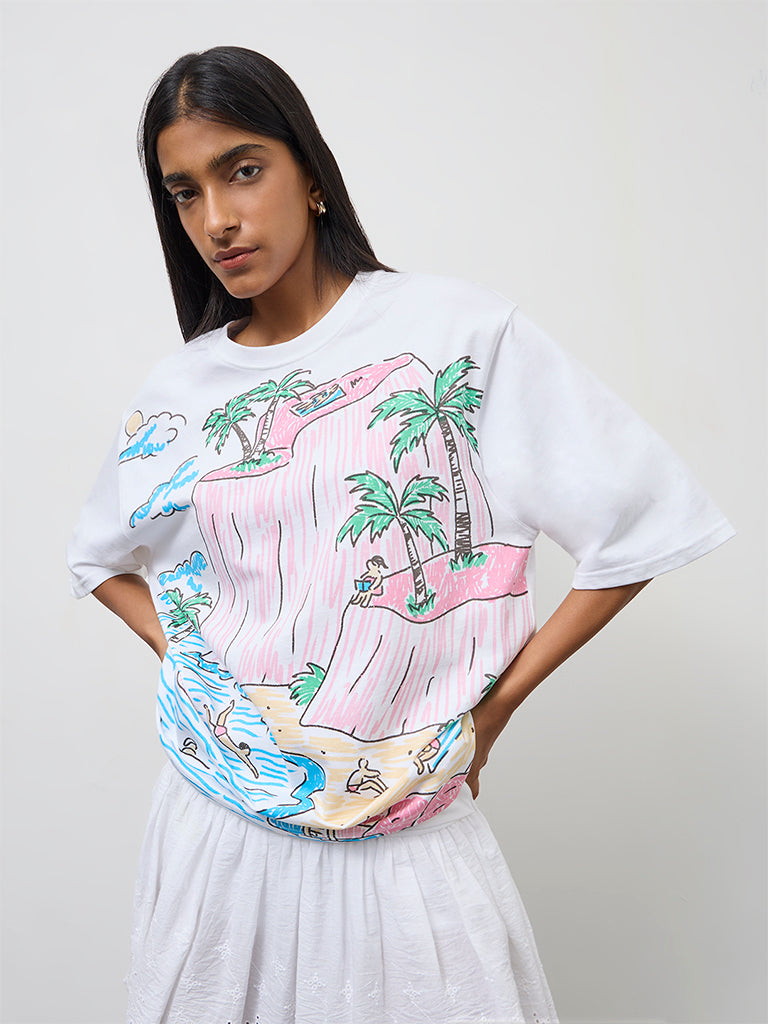 Nuon White Bali-Inspired Oversized Cotton T-Shirt