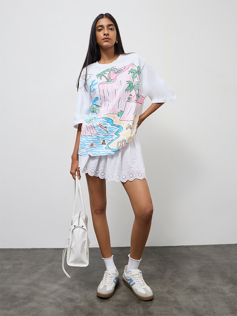 Nuon White Bali-Inspired Oversized Cotton T-Shirt