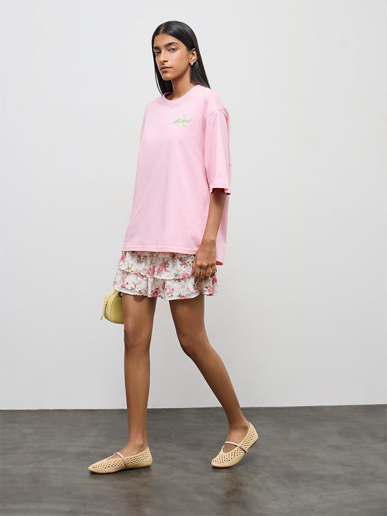 Nuon Pink Printed Oversized Cotton T-Shirt