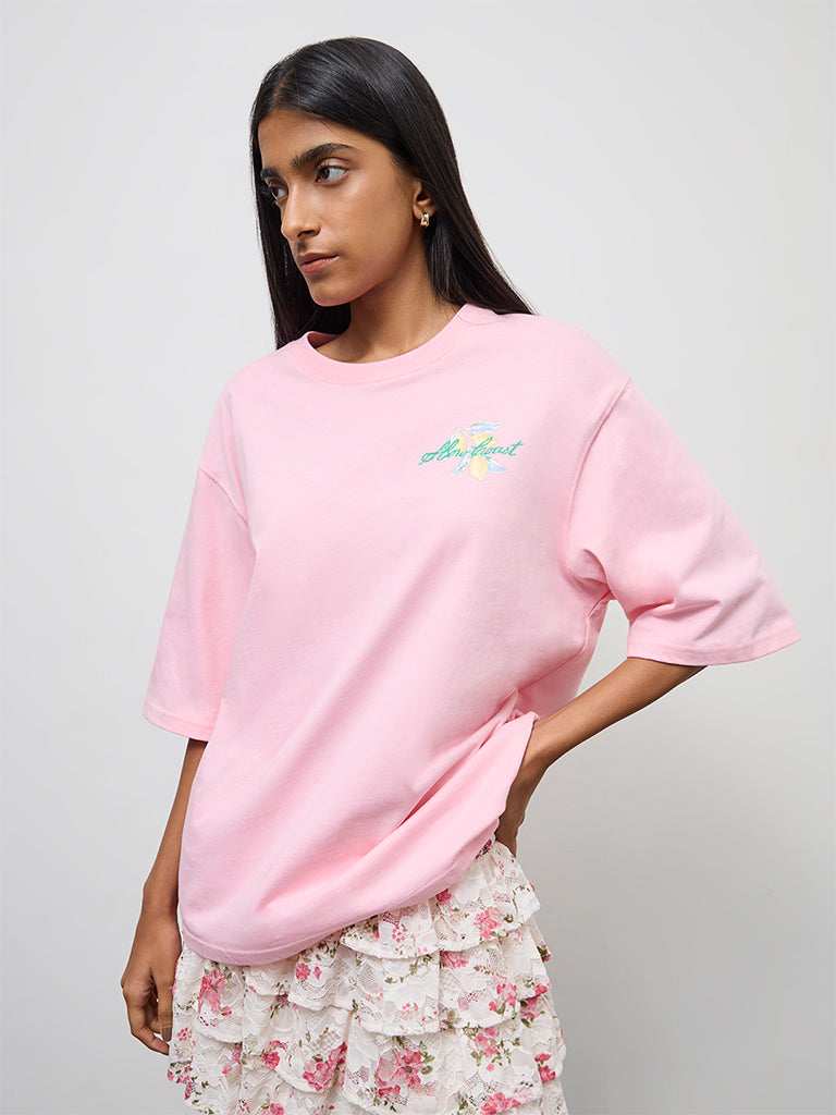 Nuon Pink Printed Oversized Cotton T-Shirt