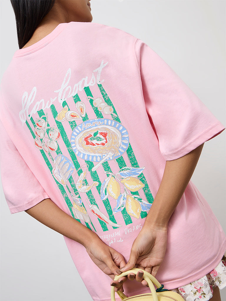 Nuon Pink Printed Oversized Cotton T-Shirt