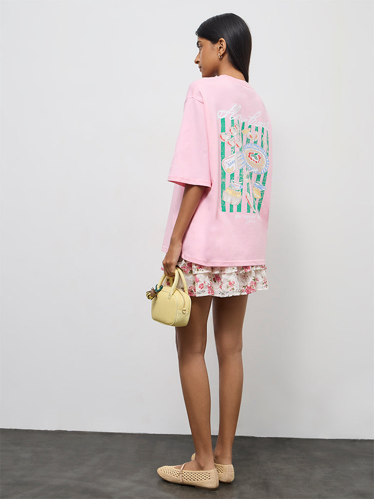 Nuon Pink Printed Oversized Cotton T-Shirt
