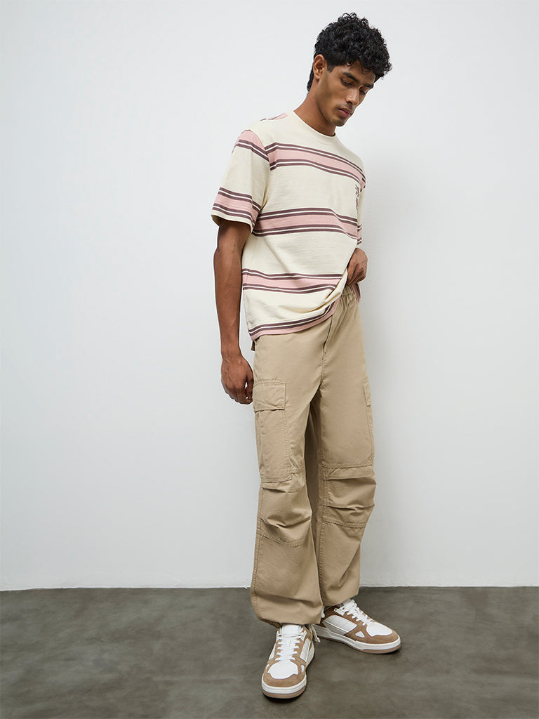 Nuon Beige Baggy-Fit Mid-Rise Cotton Cargo Pants