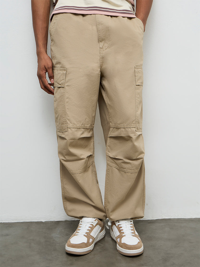 Nuon Beige Baggy-Fit Mid-Rise Cotton Cargo Pants