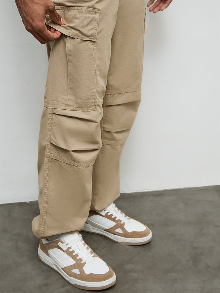 Nuon Beige Baggy-Fit Mid-Rise Cotton Cargo Pants