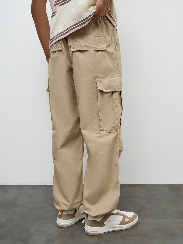 Nuon Beige Baggy-Fit Mid-Rise Cotton Cargo Pants