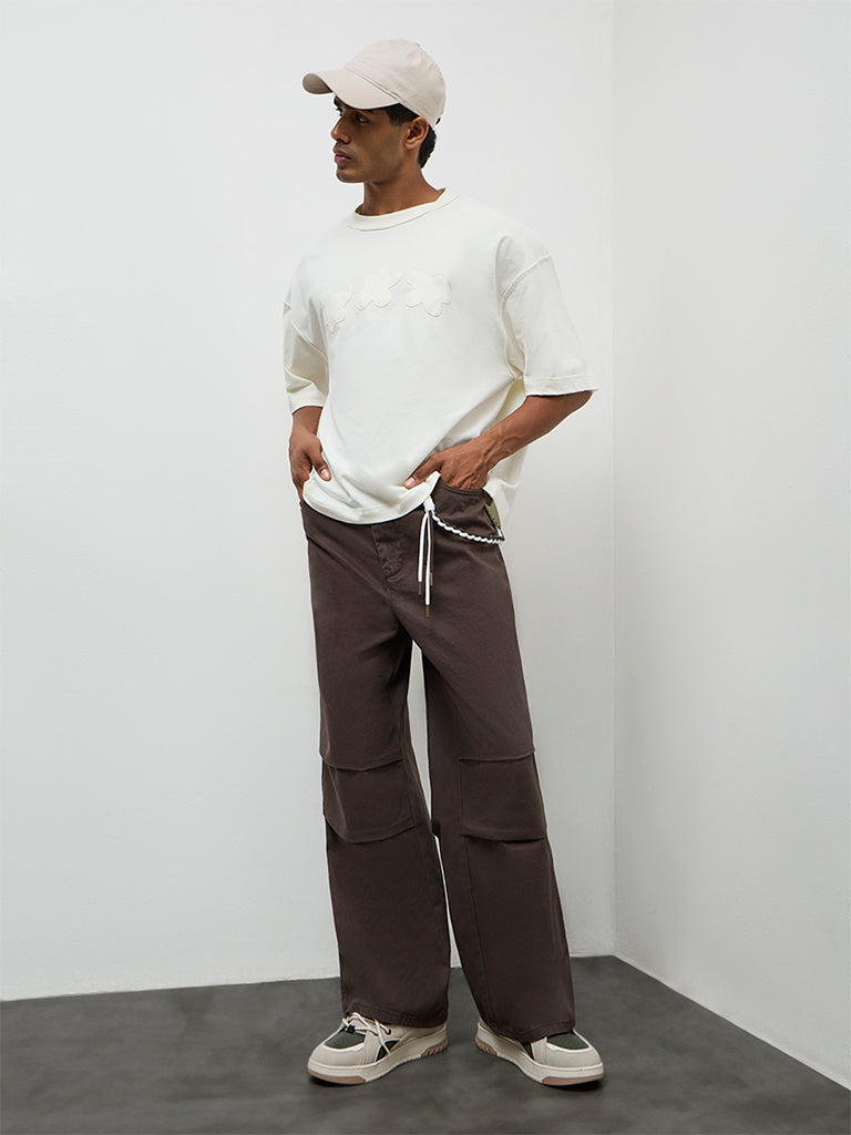 Nuon Brown Relaxed-Fit Mid-Rise Cotton Trousers with a Braided Cord