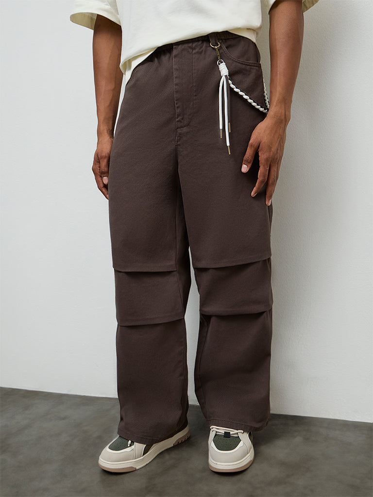 Nuon Brown Relaxed-Fit Mid-Rise Cotton Trousers with a Braided Cord
