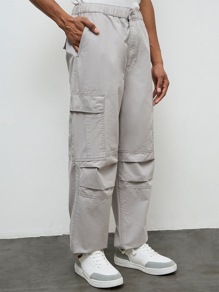 Nuon Grey Baggy-Fit Mid-Rise Cotton Cargo Pants